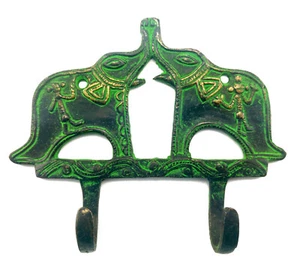 Garderobenhaken Wandhaken Hakenleiste …2 Adivasi-Elefanten … Messing … 14x12x3cm - Picture 1 of 4
