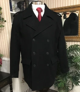 Men's Handsome Geoffrey Beene Black Wool Dbl Breast Epaulets Pea Coat Jacket XL - Picture 1 of 14