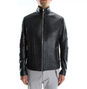Black crocodile Italian handmade Alligator Embossed leather Jacket - Picture 1 of 6