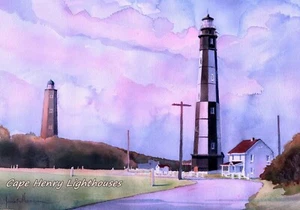 Cape Henry Leuchttürme VA Sunrise, Kühlschrankmagnet. James Mann Aquarell Gemälde - Bild 1 von 2