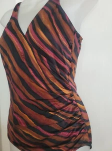 MIRACLESUIT Brown Striped Ruched One Piece SWIMSUIT Soft Padded Cups Size 12 - Picture 1 of 9