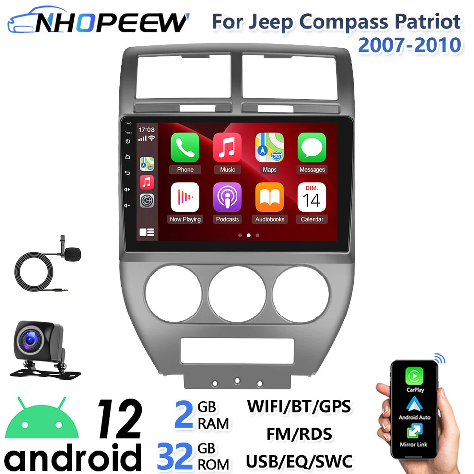 Radio estéreo para automóvil Android 12 CarPlay GPS NAVEGACIÓN para Jeep Patriot Compass 2007-2010 Foto 1 de 4
