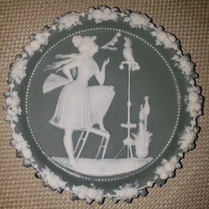 Schafer & Vater Porcelain Blue Jasperware Plate Plaque Woman Smoking with Bird - Picture 1 of 6