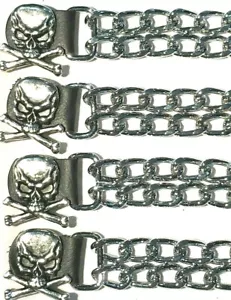 4 SKULL & CROSS BONES DIAMOND CUT CHROME CHAIN MOTORCYCLE VEST EXTENDERS USA - Picture 1 of 2