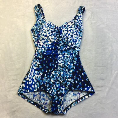 Maxine of Hollywood Swimsuit Size 8 Womans Blue White Dot Ruched Wireless Padded - Image 1 of 4