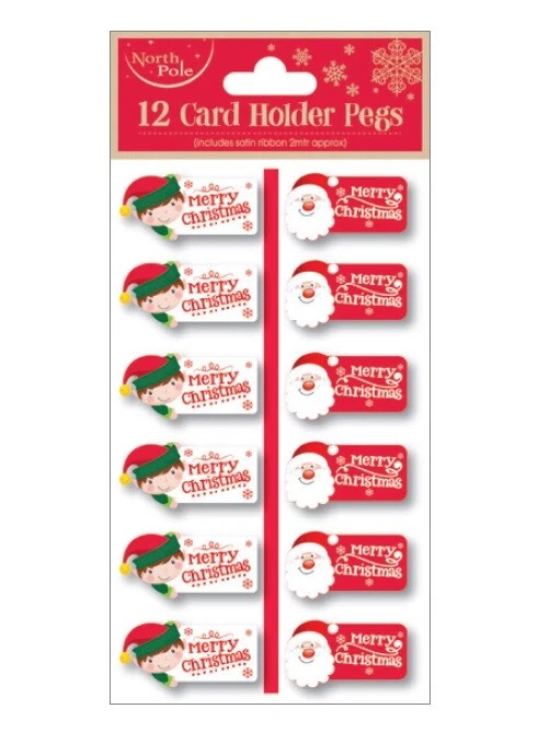 12 Christmas Card Pegs On Ribbon Merry Christmas Santa Elf Xmas Card Holder - Image 1 of 1