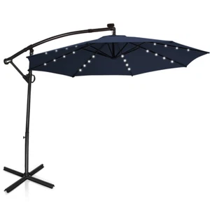 10FT Patio Offset Umbrella Solar Powered LED 360° Rotation Aluminum Navy - Picture 1 of 12