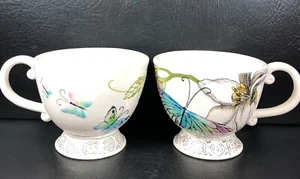 Fitz & Floyd Vivid Set of 2 Footed Mugs Butterfly Blue Pink White Gray - Picture 1 of 9