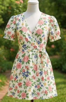 OLD NAVY White Floral Linen Blend Puff Sleeve True Wrap Dress M Tall Cottagecore - Image 1 of 4