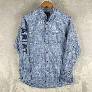Ariat Shirt Mens Small Blue AOP Team Logo Long Sleeve Button Up Aztec Logo - Picture 1 of 8