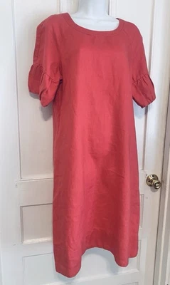Vestido Orvis Rojo Geranio Cambio Debajo de la Rodilla Talla 10 100% Lino Cottagecore Foto 1 de 4