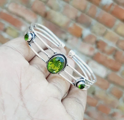Hermoso brazalete hecho a mano de plata de ley 925 con piedras preciosas de topacio peridoto -3 Foto 1 de 4