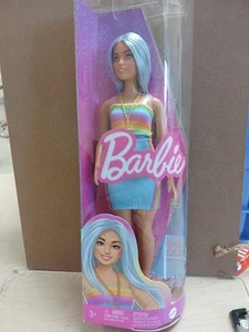 NEW 2023 Barbie Fashionistas Doll #218 Blue Hair Rainbow Outfit 1984 Inspired - Picture 1 of 4