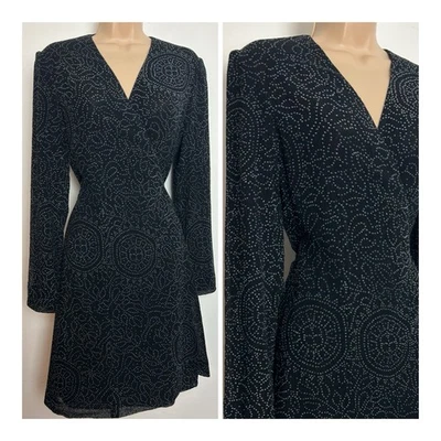 Vintage Y2K ELEMENTS BY ESCADA Black Grey Spot Pattern New Wool Wrap Dress 8-10 - Image 1 of 4