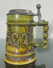 Gerz West Germany Ceramic Green Beer Stein Medieval Knights Horses Pewter Lid