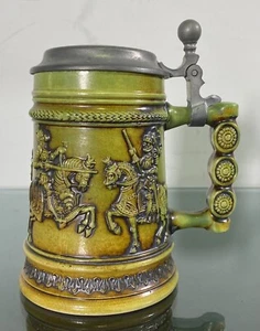 Gerz West Germany Ceramic Green Beer Stein Medieval Knights Horses Pewter Lid - Picture 1 of 14