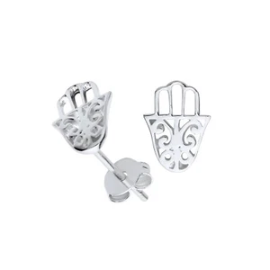 925 Sterling Silver Hamsa Hand of Fatima Evil Eye Stud Earrings Made in England - Picture 1 of 1