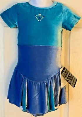 GK ELITE ICE FIGURE SKATE GIRLS SMALL SSLV GREEN BLUE VELVET JA DRESS Sz CS NWT! - Image 1 of 4