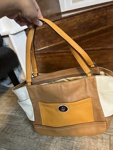 Coach Colorblock Leather Handbag Tote Purse Orange Brown White Hobo Bag - Picture 1 of 5