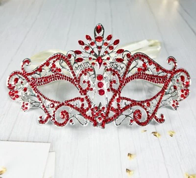 Masquerade Mask Luxury Crystal, Rhinestone Red Mask, Elegant Party Silver Mask - Image 1 of 4