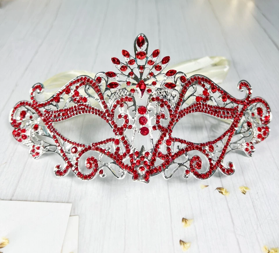 Masquerade Mask Luxury Crystal, Rhinestone Red Mask, Elegant Party Silver Mask - Image 1 of 4