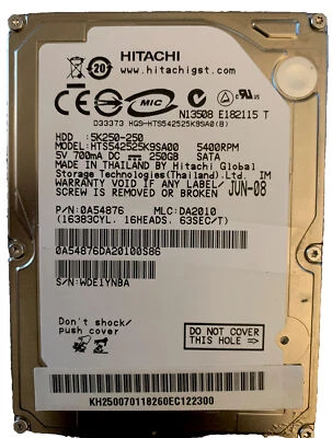 Hitachi TravelStar HTS542525K9SA00 250GB,Internal,5400 RPM, 2.5", Laptop - Image 1 of 2