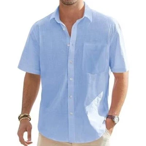 Hot Men's Cotton Linen Short Sleeve Shirts Casual Lightweight Button Down Shirts - Picture 1 of 24