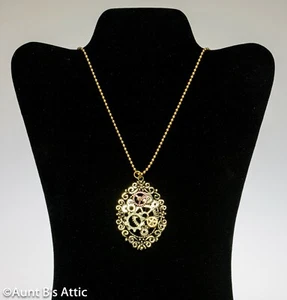 Steampunk Pendant Gold Victorian Style Oval Multi Gear Medallion W/ Ball Chain - Picture 1 of 2
