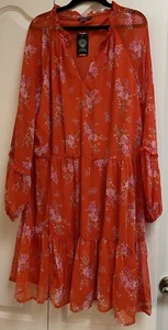 VINCE CAMUTO NWT Orange Sheer Print Tier Dress Women’s XL Balloon Sleeve NEW - Picture 1 of 1