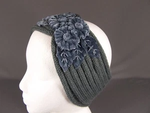 Dk Grey velvet flowers turban style crochet ear warmer muff head band wrap knit - Picture 1 of 6