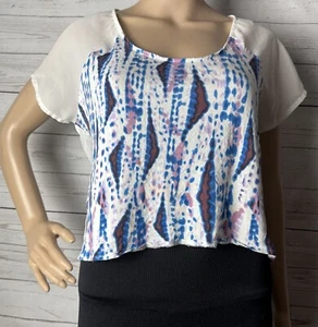 Y2k Retro Kirra Crop Top XS Semi-Sheer White Blue Purple Mauve Pattern Shirt - Picture 1 of 13