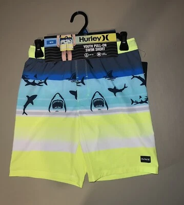 Hurley Youth Pull-On Swim Short Boys Size 10/12 Yellow And Blue With Sharks - Image 1 of 4