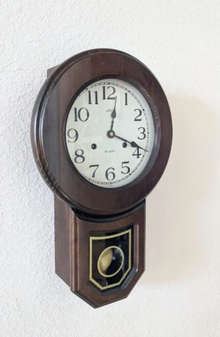 Vintage, 31-Day Pendulum Wall Clock - Parlor Clock 1970's wood and brass 22” Cover