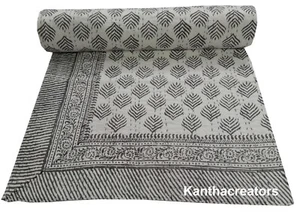 Hand Block Print Kantha Coverlet Reversible Bedcover Indian Handmade Bedspread - Picture 1 of 7