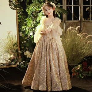 Ruffle Sleeves Glitter Sequins Maxi Long Gown Tulle Dress Princess Flower Girl - Picture 1 of 11