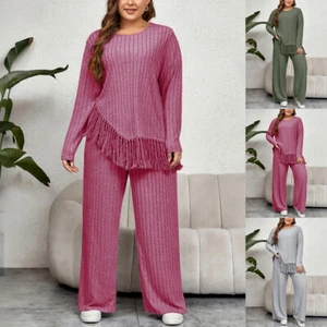 2PCS Womens Long Sleeve Solid Pullover Round Neck Casual Kint Tops Pants Sets - Picture 1 of 21