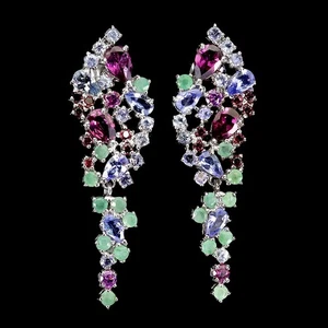 925 Sterling Silver Earrings Rhodolite 6x4mm Emerald Tanzanite Gemstone Jewelry - Picture 1 of 14
