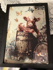 Vintage Baby Calf, Framed Metal Wall Art, 8x12,Rustic, Farmhouse Perfection - Picture 1 of 4