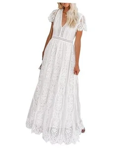 Women's V Neck Short Sleeve Floral Lace Wedding Dress Bridesmaid Cocktail - Picture 1 of 7