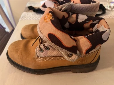 Botas Timberland Niños Talla 5 Cuero Trigo Lona Roll Top Forro Camuflado Foto 1 de 4
