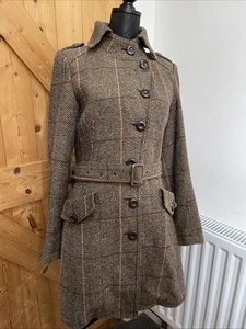 Jumpo Check Tweed Trench Coat Military Dark Academia Wool Blend Retro Uk 10 - Picture 1 of 21
