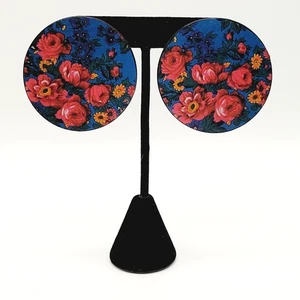 Large Wood Circle w Colorful Floral Decoupage Vintage Statement Pierced Earrings - Picture 1 of 22