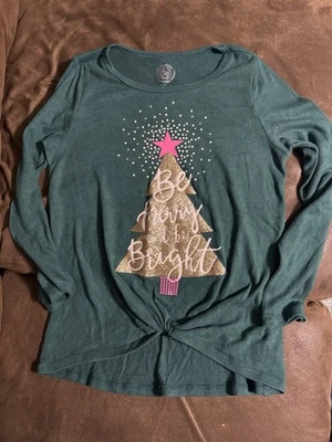 Girls Sonoma Tie Front Green Christmas Tree Sweater Size 16 Sparkly EUC - Image 1 of 3