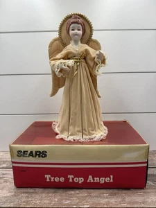 Vintage SEARS Baumspitze Engel Weihnachten Porzellankopf Hände Goldrand 7193680 mit Box - Bild 1 von 17