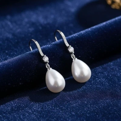  Silver Tone Teardrop Pearl Drop Earrings CZ Hook Wedding Bridal Gift Women - Image 1 of 4