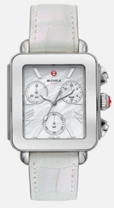 Reloj Michele Deco deportivo cronógrafo esfera mop correa de cuero blanco MWW06K000066 - Imagen 1 de 5