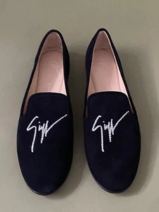 giuseppe zanotti Black Suede Loafers Flats With Swarovski Logo Size 36 - Picture 1 of 5