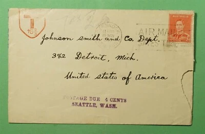 DR WHO 1939 AUSTRALIA CESSNOCK SLOGAN CANCEL TO USA POSTAGE DUE  i26048 - Image 1 of 2