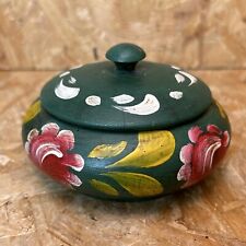 Vintage Russian Wooden Folk Art Khokhloma Green Floral Trinket Box Lidded Pot