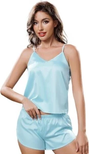 Women Silky Pajamas Shorts Set 2 Piece Blue Satiny PJ's Medium NEW - Picture 1 of 3